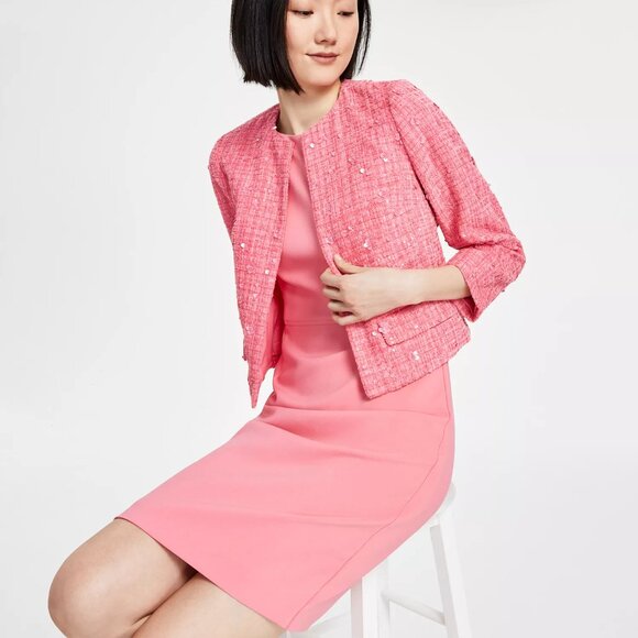 Anne Klein Women's Collarless Open-Front Tweed Jacket Pink Size 0 NEW - Picture 2 of 3